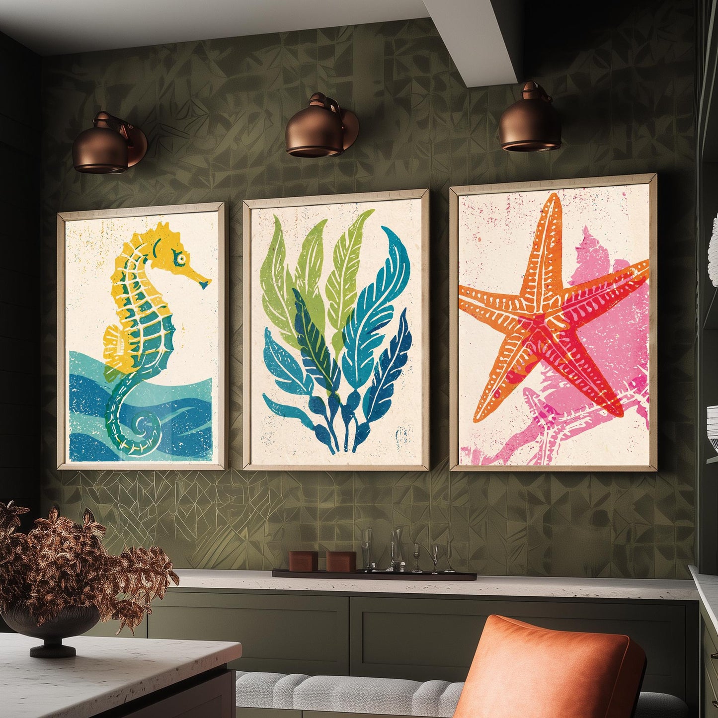 Sea Life Set of Three Art Prints - Seahorse, Seaweed, Starfish - Colourful Coastal Linocut Posters - Beach House Illustration V2