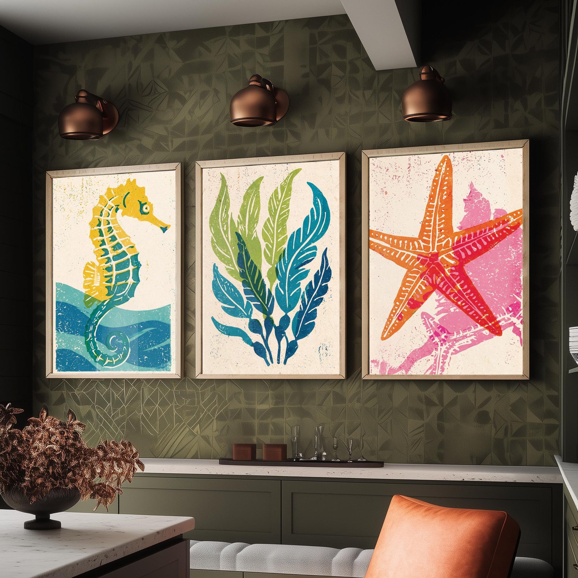 Sea Life Set of Three Art Prints - Seahorse, Seaweed, Starfish - Colourful Coastal Linocut Posters - Beach House Illustration V2