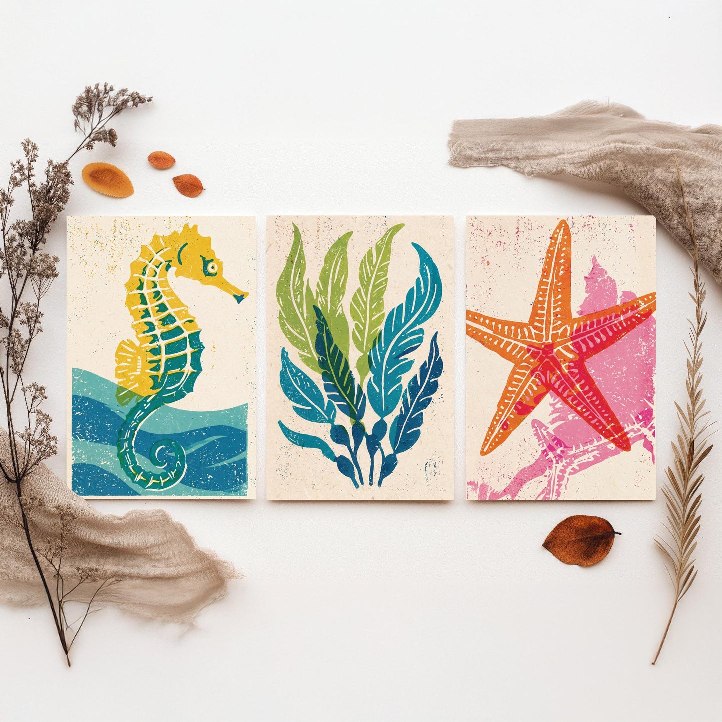Sea Life Set of Three Art Prints - Seahorse, Seaweed, Starfish - Colourful Coastal Linocut Posters - Beach House Illustration V2