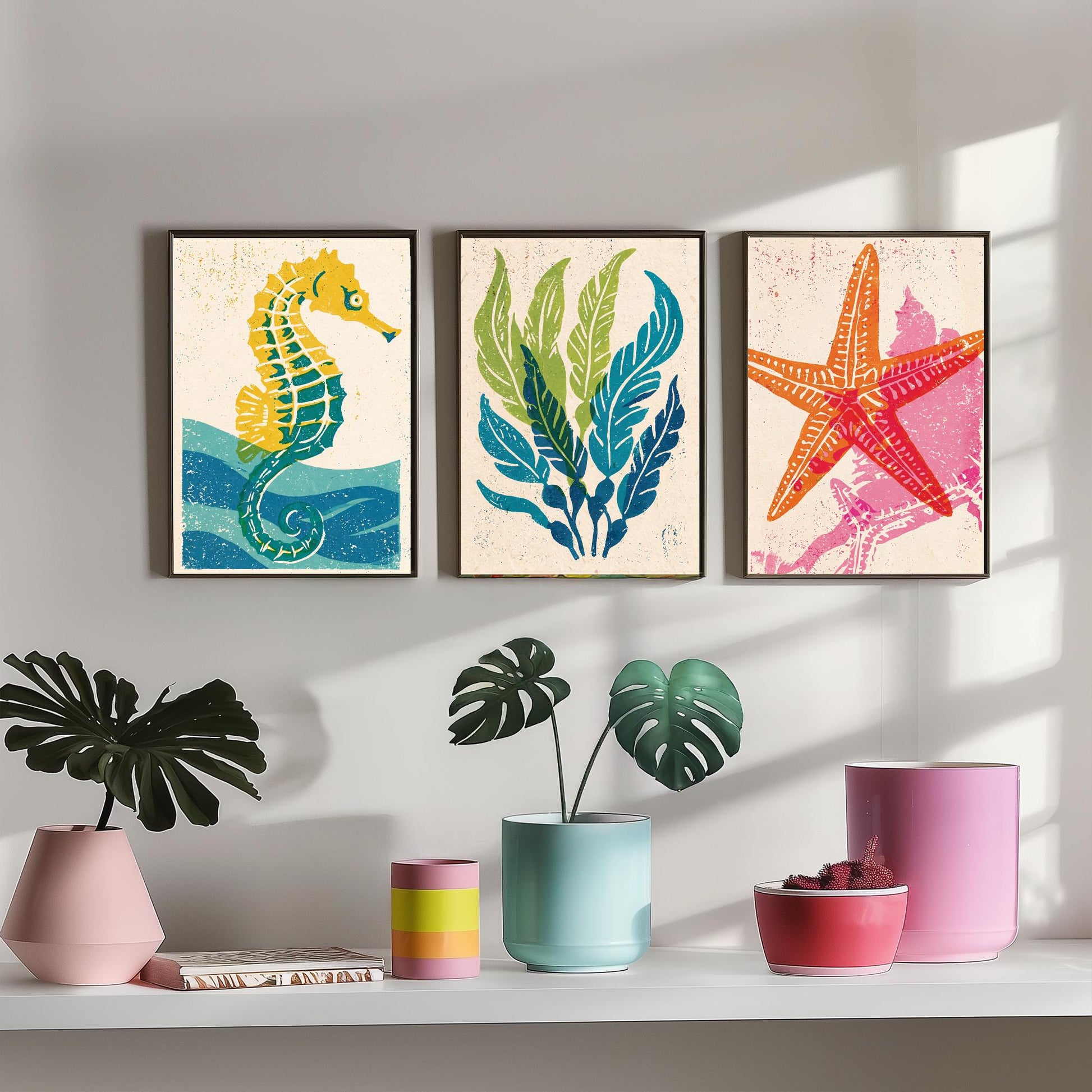 Sea Life Set of Three Art Prints - Seahorse, Seaweed, Starfish - Colourful Coastal Linocut Posters - Beach House Illustration V2