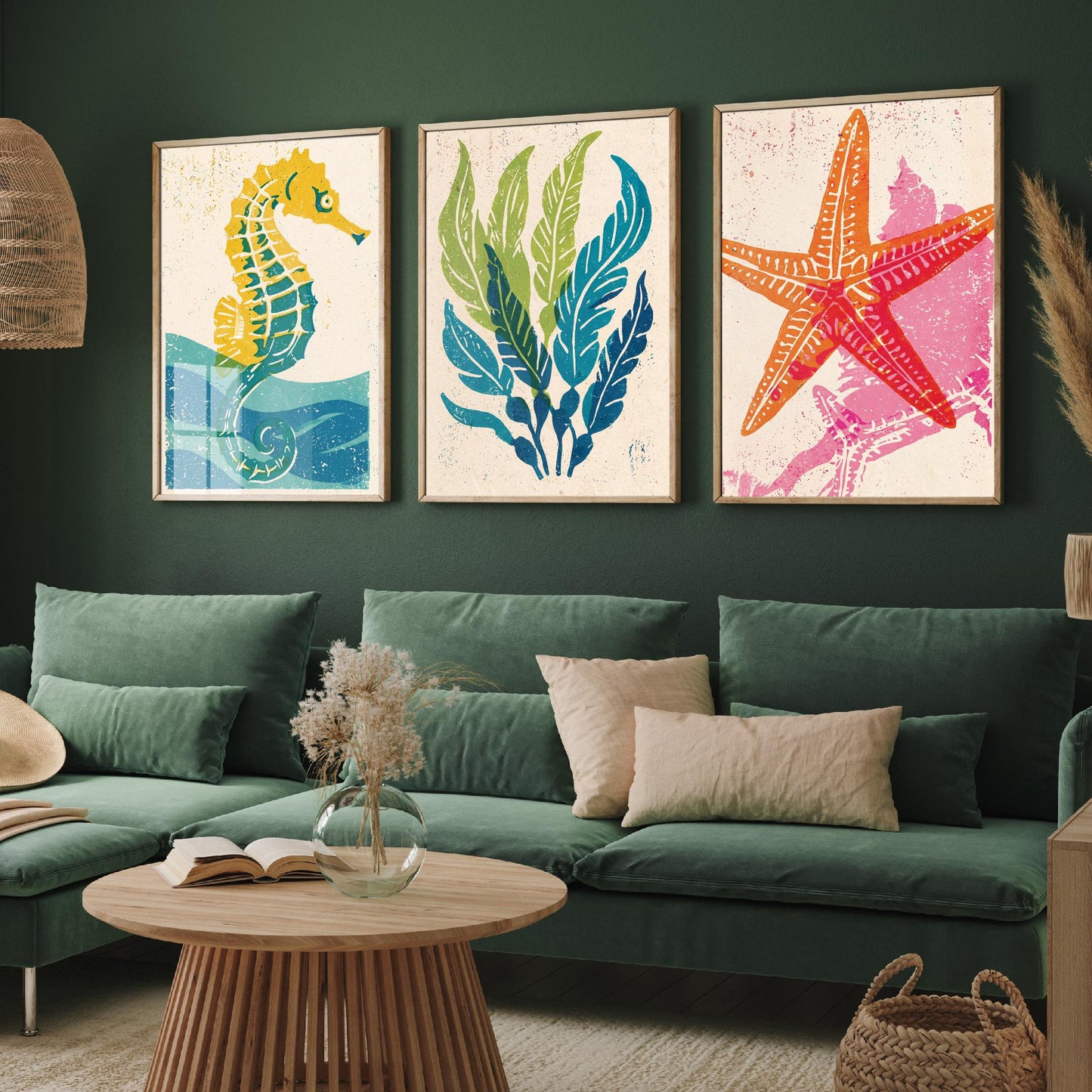 Sea Life Set of Three Art Prints - Seahorse, Seaweed, Starfish - Colourful Coastal Linocut Posters - Beach House Illustration V2