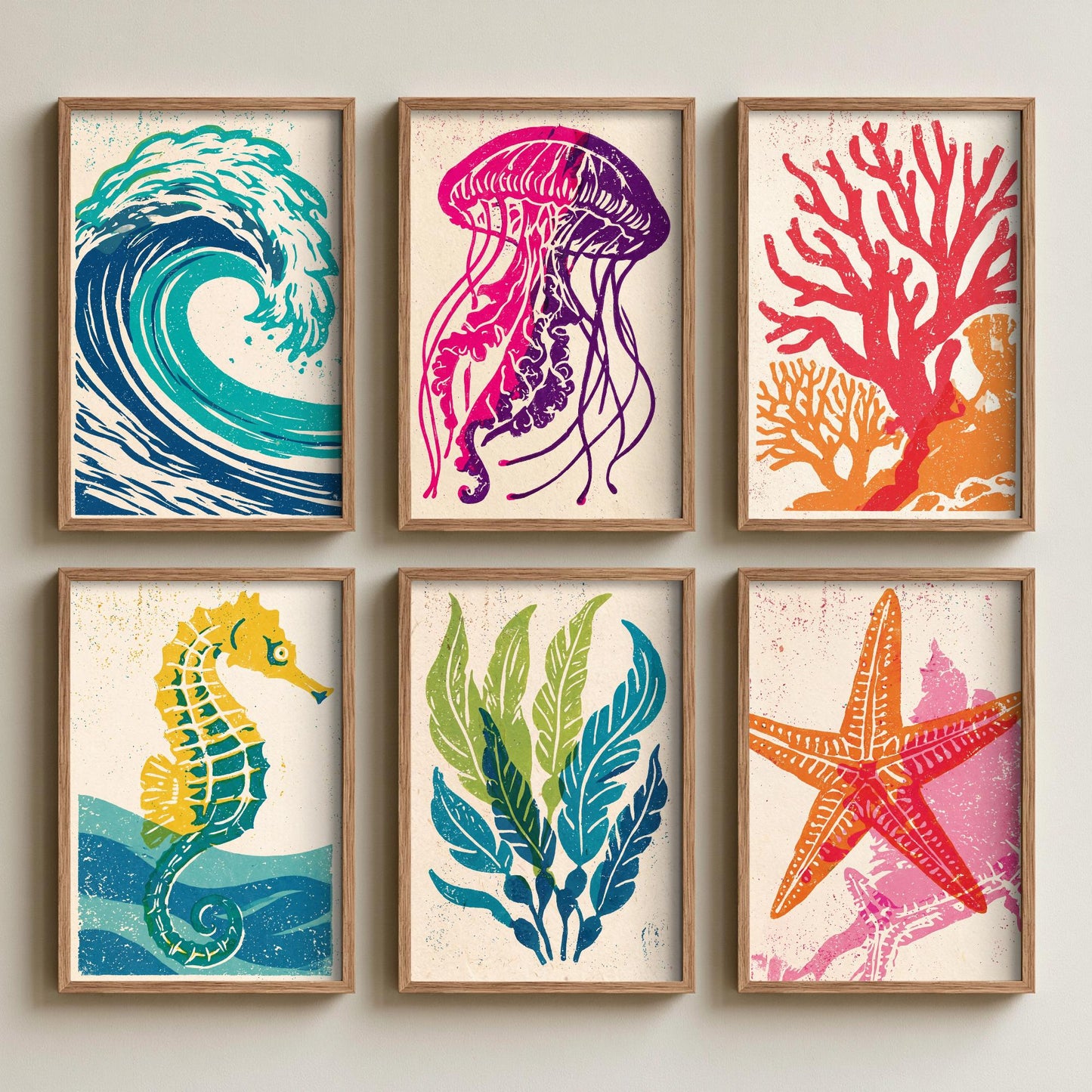 Set of Six Sea Life Linocut Art Prints - 6 Ocean Illustrations - Poster - Wave, Jellyfish, Coral, Seahorse, Kelp, Starfish