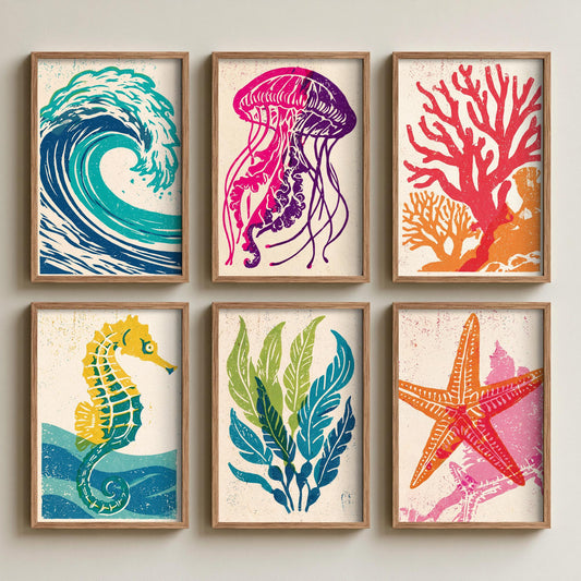 Set of Six Sea Life Linocut Art Prints - 6 Ocean Illustrations - Poster - Wave, Jellyfish, Coral, Seahorse, Kelp, Starfish