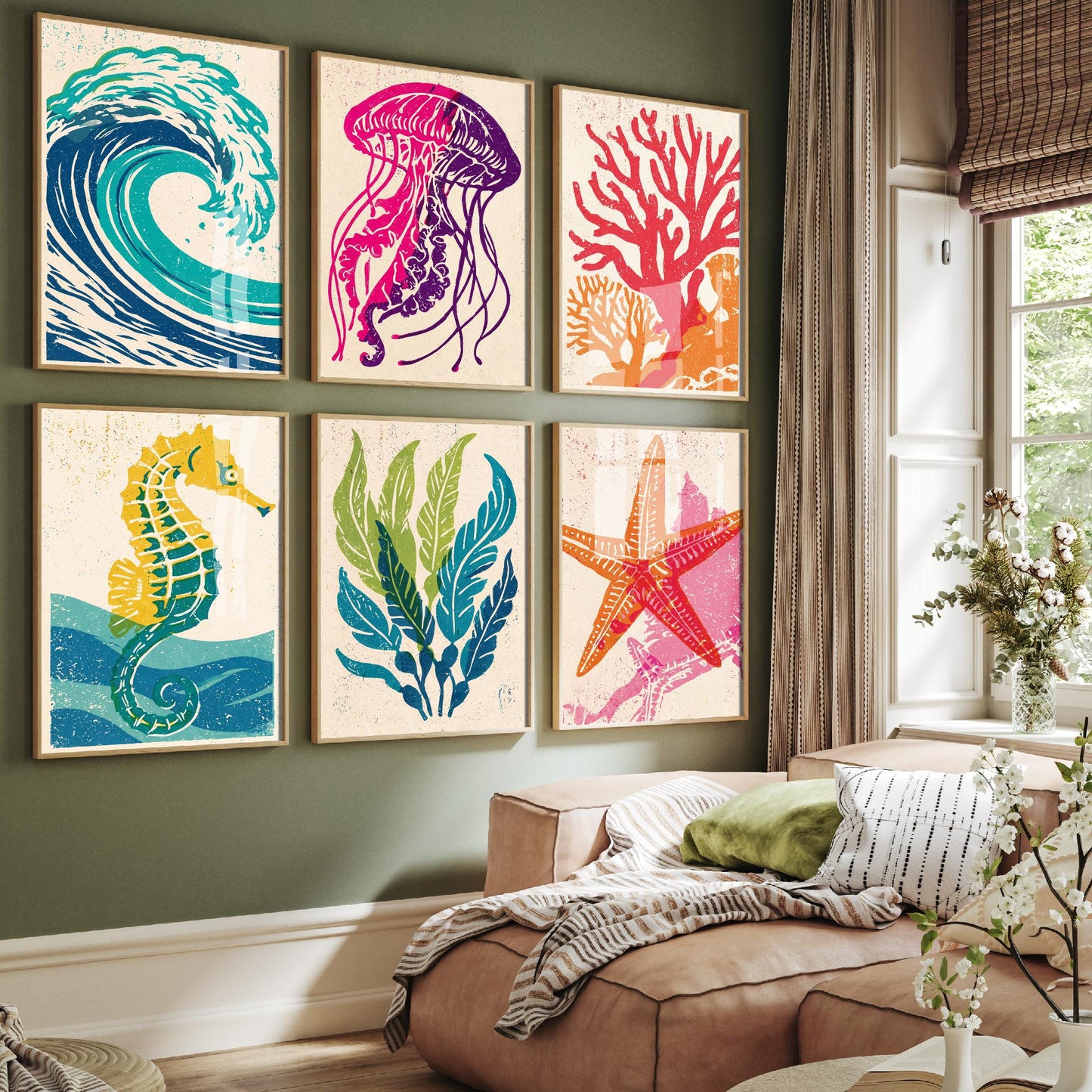 Set of Six Sea Life Linocut Art Prints - 6 Ocean Illustrations - Poster - Wave, Jellyfish, Coral, Seahorse, Kelp, Starfish