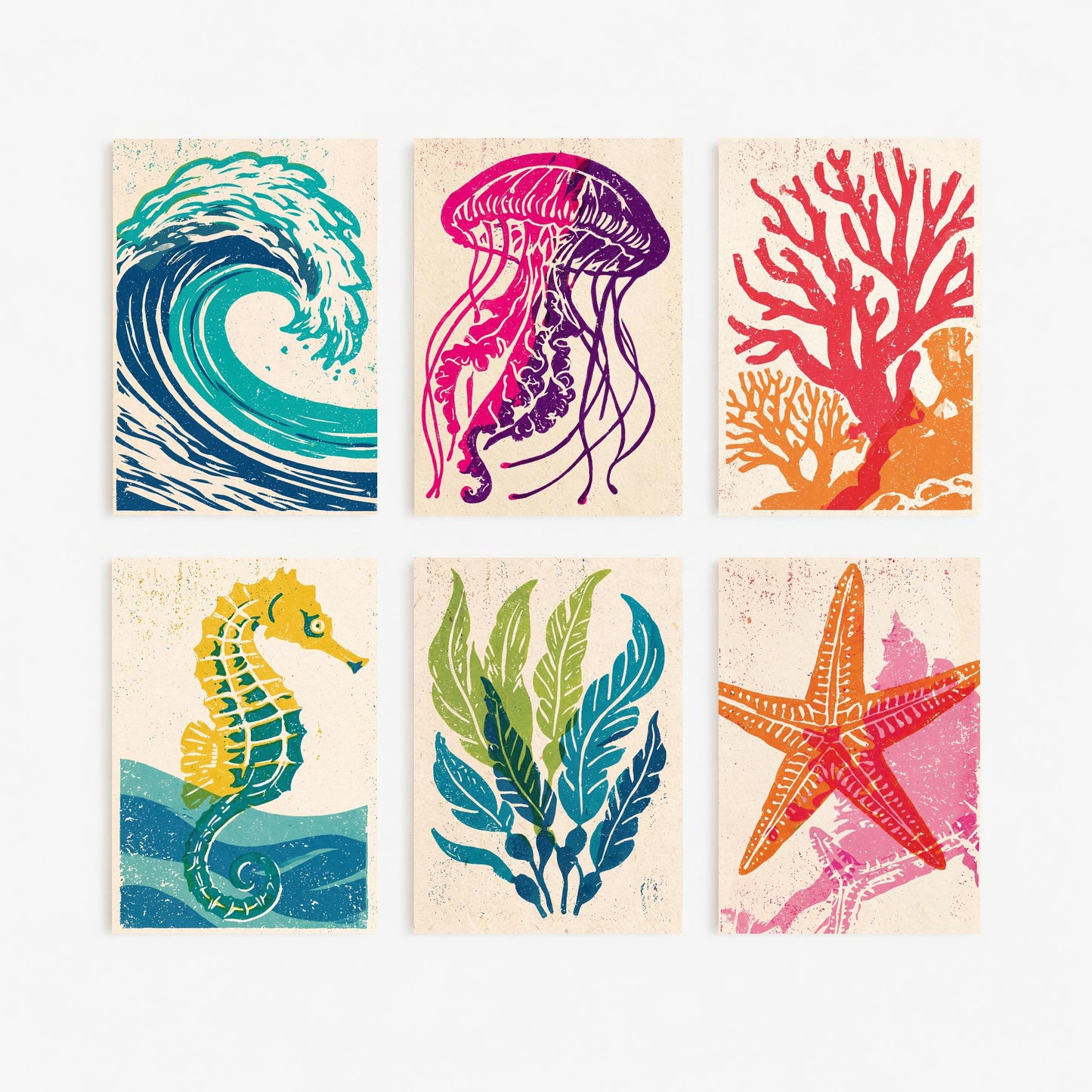 Set of Six Sea Life Linocut Art Prints - 6 Ocean Illustrations - Poster - Wave, Jellyfish, Coral, Seahorse, Kelp, Starfish