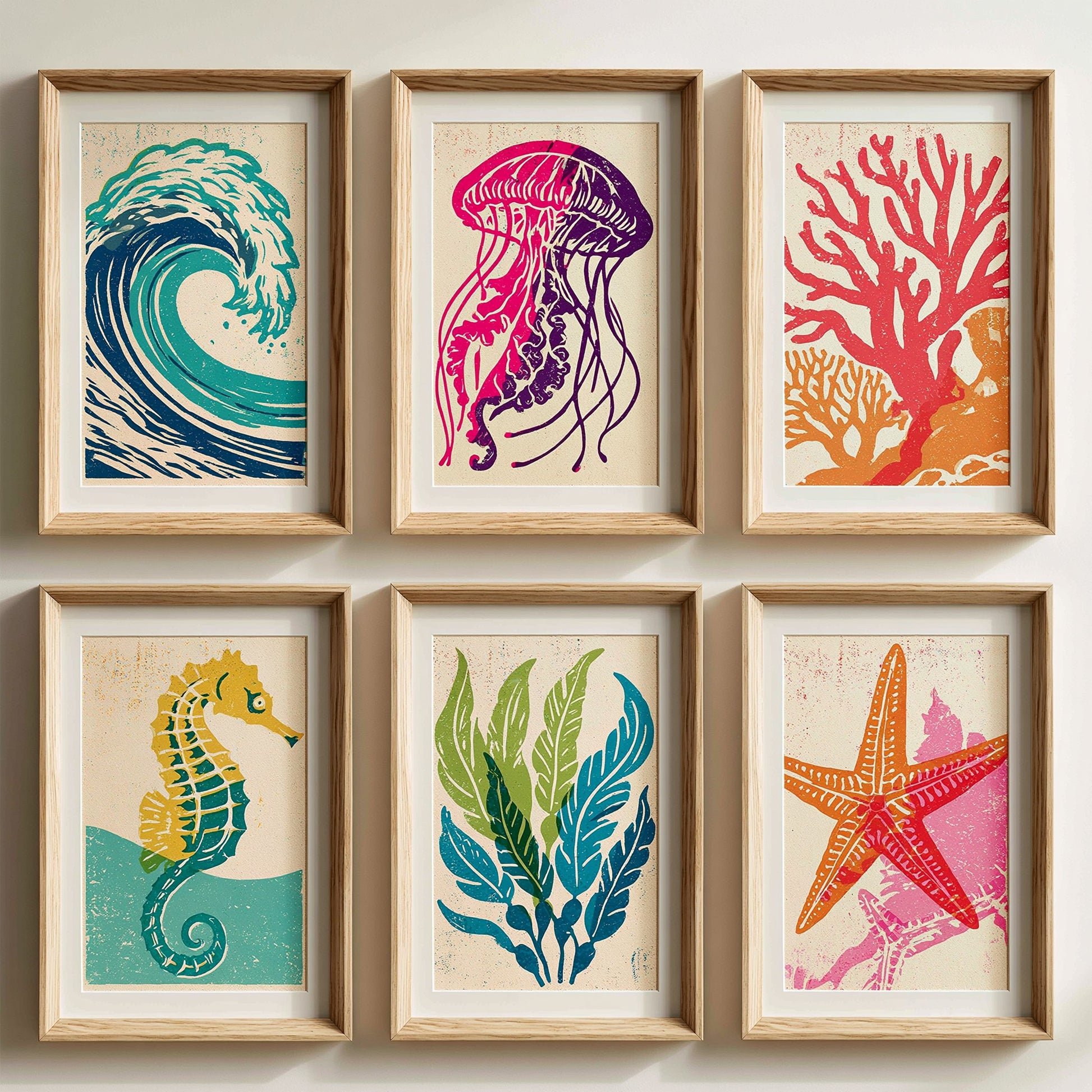 Set of Six Sea Life Linocut Art Prints - 6 Ocean Illustrations - Poster - Wave, Jellyfish, Coral, Seahorse, Kelp, Starfish