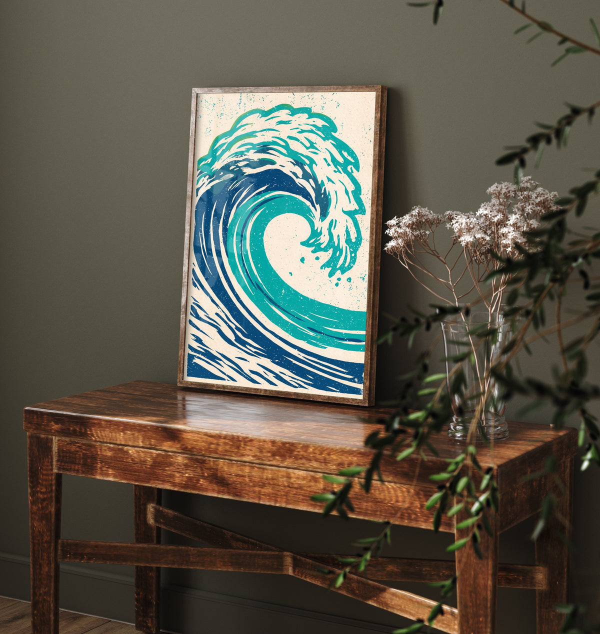 Teal Ocean Wave Linocut Art Print - Curling Surf Woodcut Poster - Blue Sea Foam Crest V1 1/3