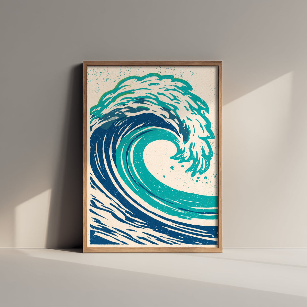 Teal Ocean Wave Linocut Art Print - Curling Surf Woodcut Poster - Blue Sea Foam Crest V1 1/3