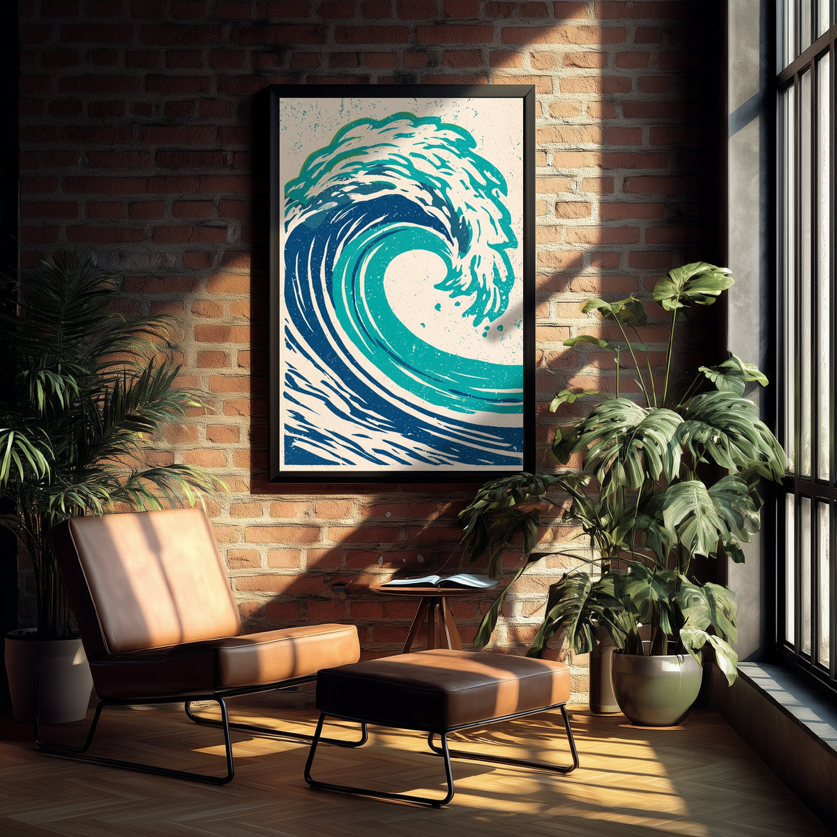 Teal Ocean Wave Linocut Art Print - Curling Surf Woodcut Poster - Blue Sea Foam Crest V1 1/3
