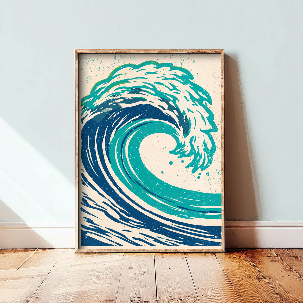 Teal Ocean Wave Linocut Art Print - Curling Surf Woodcut Poster - Blue Sea Foam Crest V1 1/3