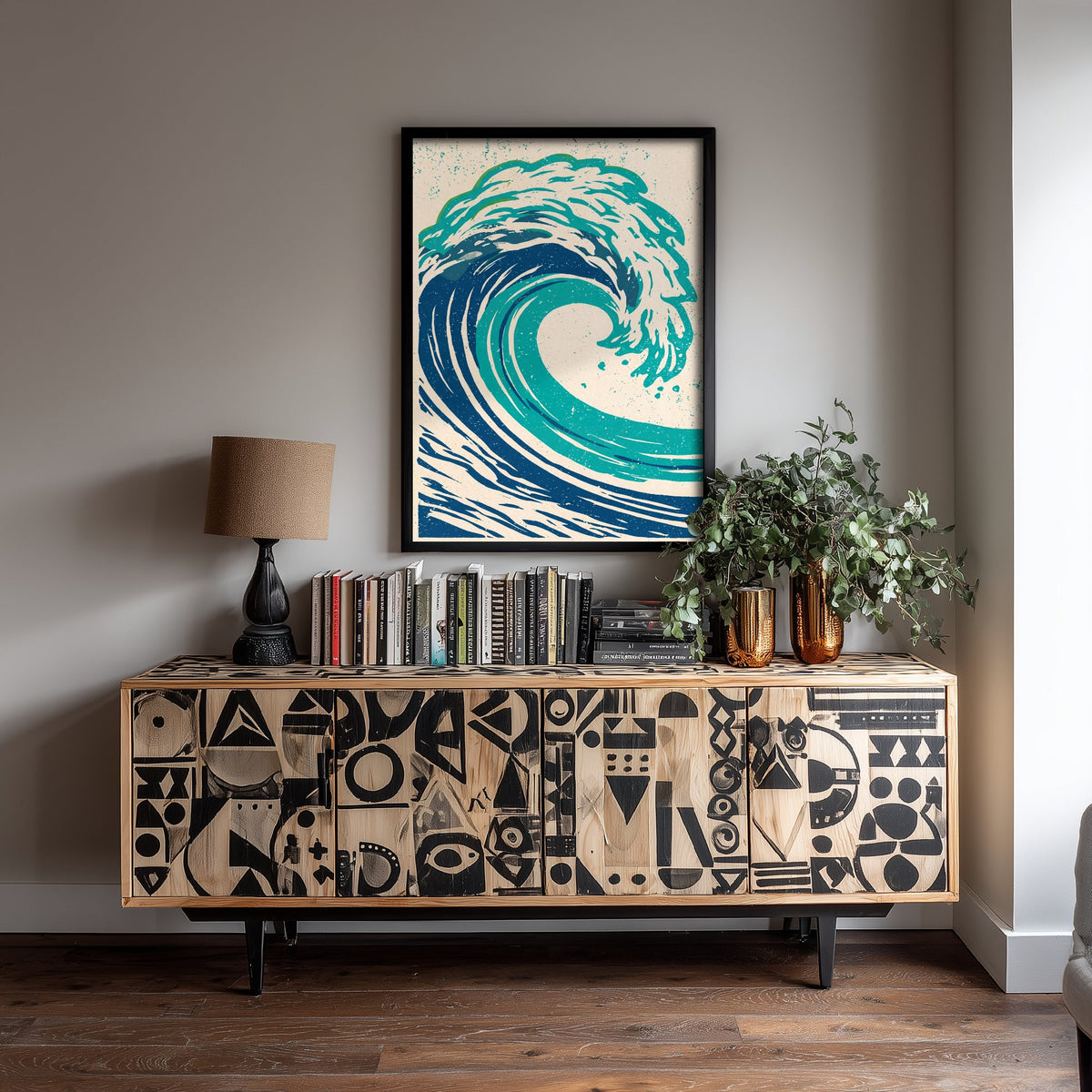 Teal Ocean Wave Linocut Art Print - Curling Surf Woodcut Poster - Blue Sea Foam Crest V1 1/3