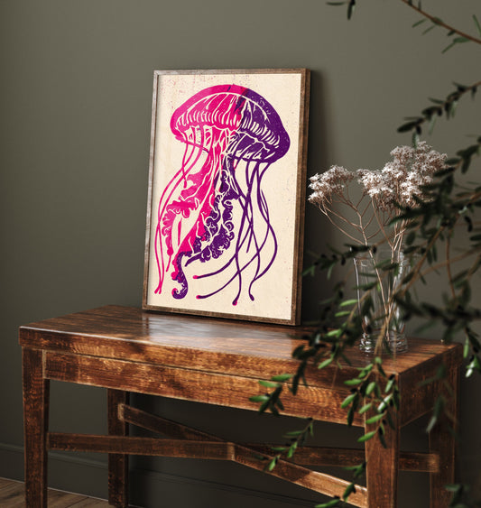 Jellyfish Linocut Art Print - Pink and Violet Sea Jelly Illustration - Trailing Tentacles Ocean Poster V1 2/3