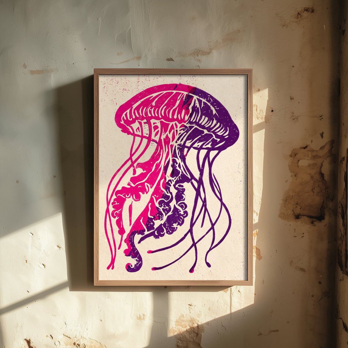 Jellyfish Linocut Art Print - Pink and Violet Sea Jelly Illustration - Trailing Tentacles Ocean Poster V1 2/3