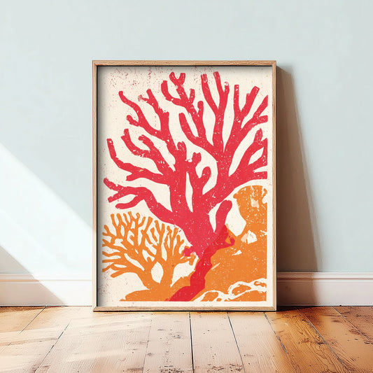 Coral Linocut Art Print - Branching Red and Orange Reef Woodcut Poster - Flame Coral Sea Life V1 3/3
