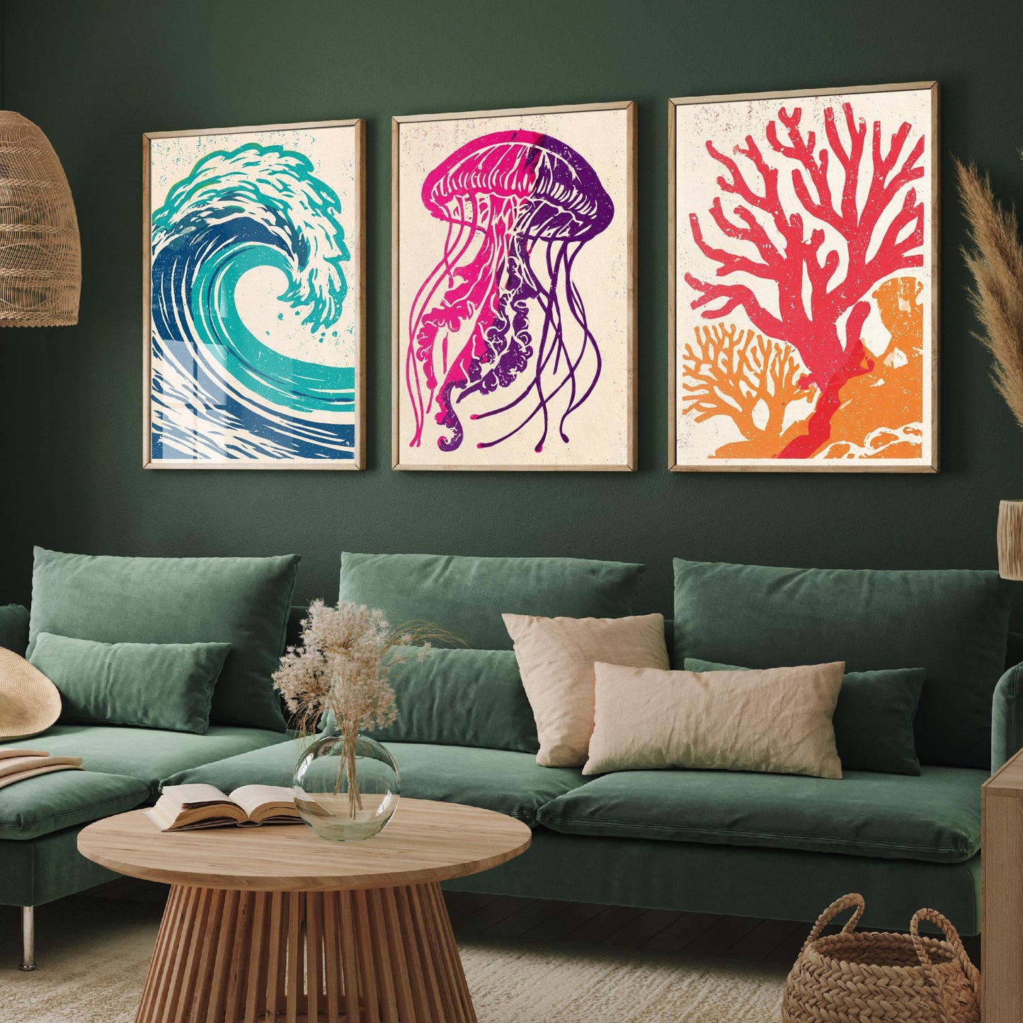 Ocean Wave Set of Three Art Prints - Curling Wave, Jellyfish, Coral - Bold Sea Life Linocut Posters - Coastal Illustration V1