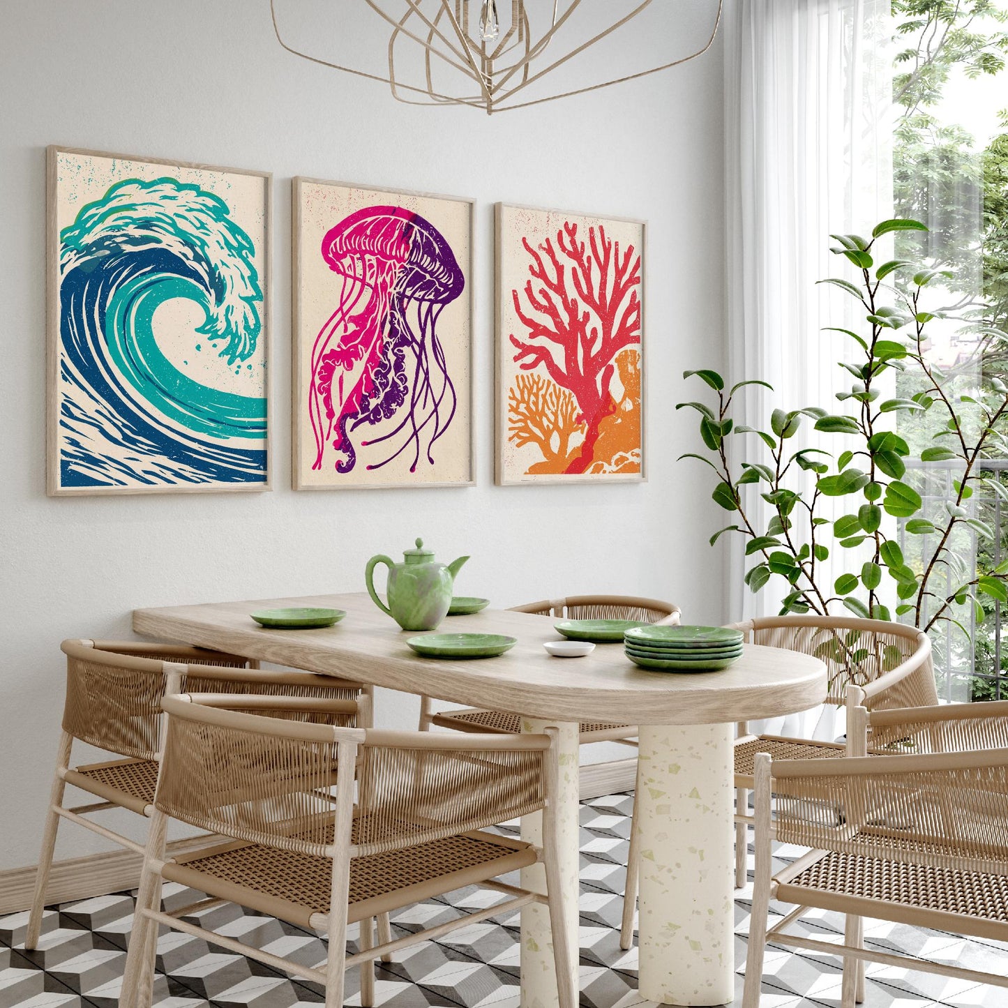 Ocean Wave Set of Three Art Prints - Curling Wave, Jellyfish, Coral - Bold Sea Life Linocut Posters - Coastal Illustration V1