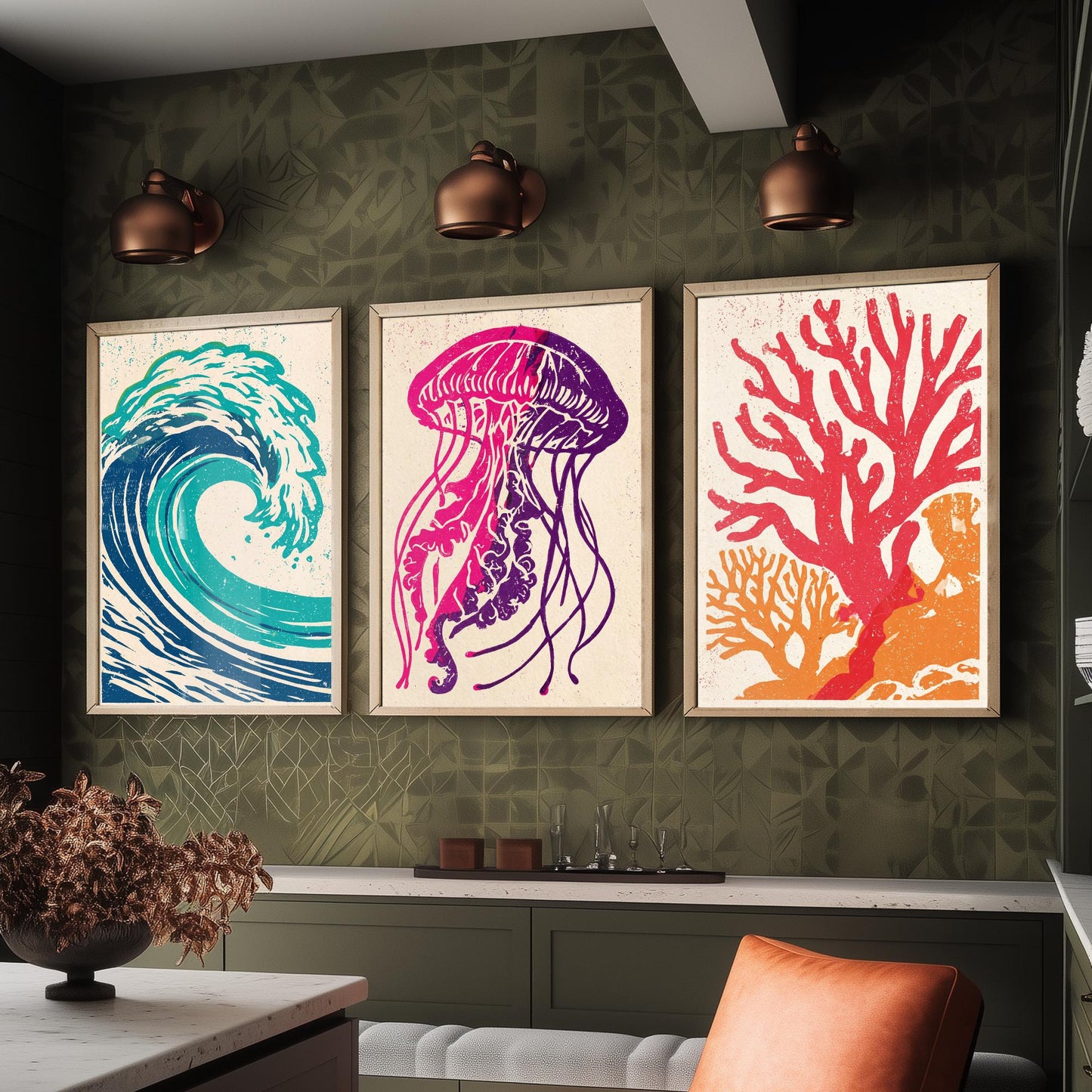 Ocean Wave Set of Three Art Prints - Curling Wave, Jellyfish, Coral - Bold Sea Life Linocut Posters - Coastal Illustration V1