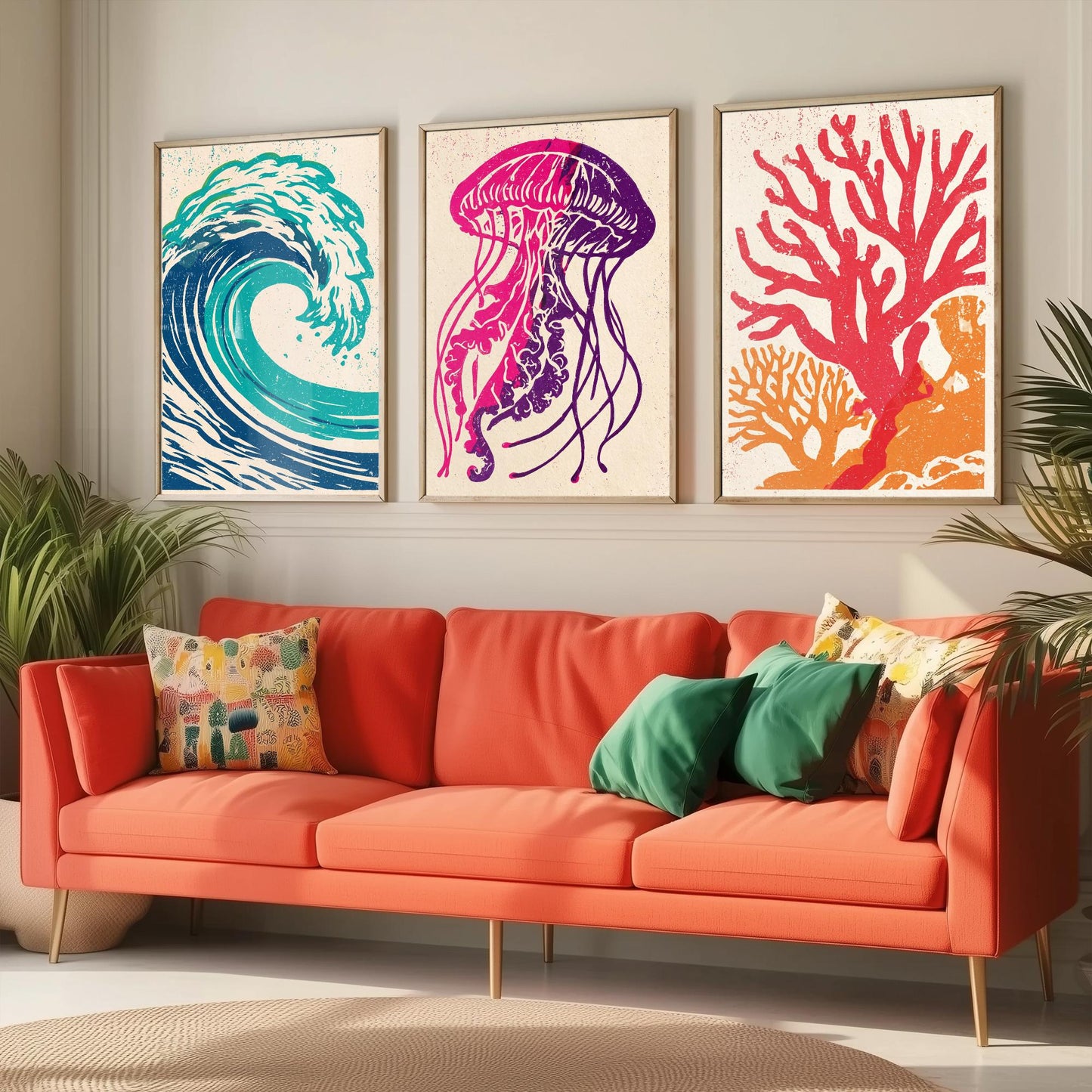 Ocean Wave Set of Three Art Prints - Curling Wave, Jellyfish, Coral - Bold Sea Life Linocut Posters - Coastal Illustration V1