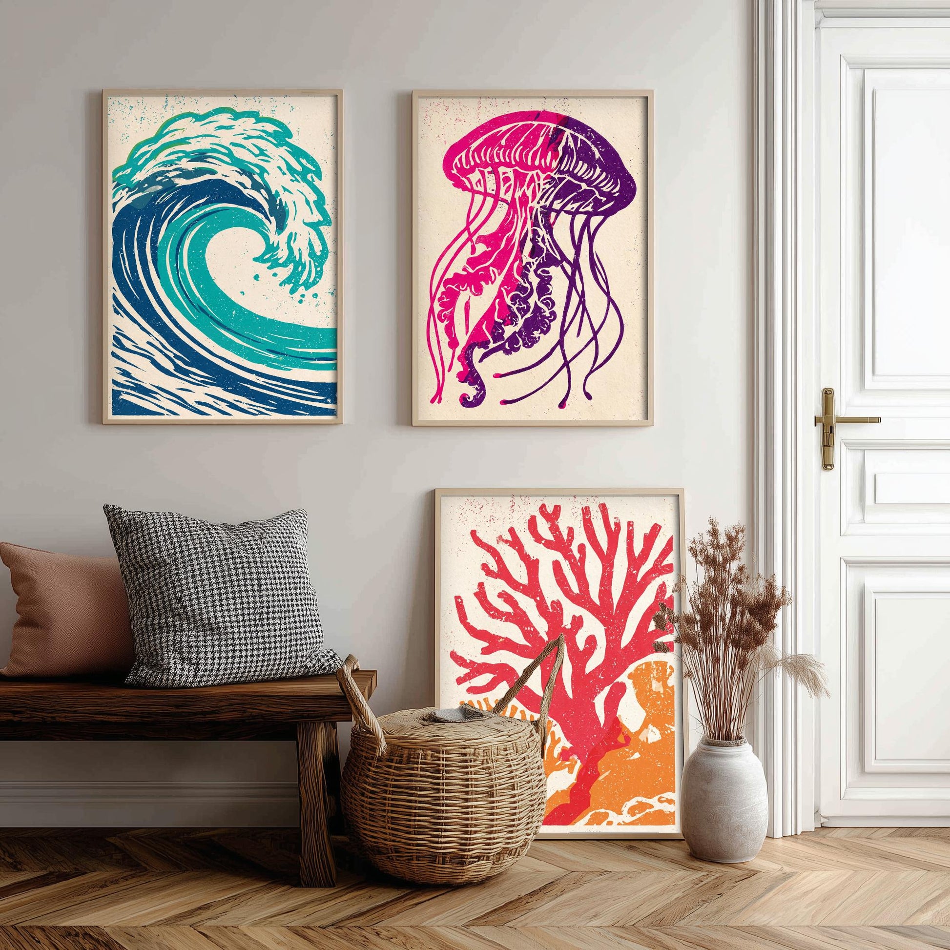 Ocean Wave Set of Three Art Prints - Curling Wave, Jellyfish, Coral - Bold Sea Life Linocut Posters - Coastal Illustration V1