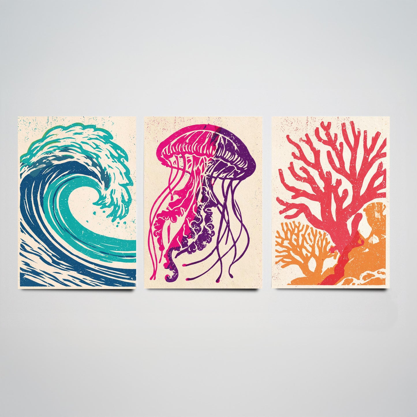 Ocean Wave Set of Three Art Prints - Curling Wave, Jellyfish, Coral - Bold Sea Life Linocut Posters - Coastal Illustration V1