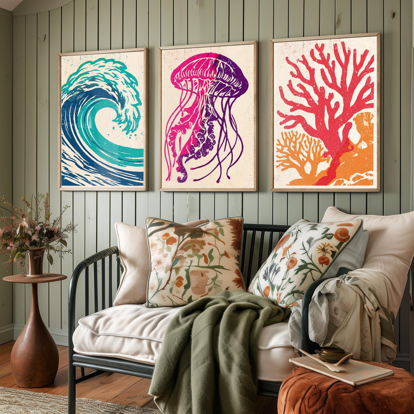 Ocean Wave Set of Three Art Prints - Curling Wave, Jellyfish, Coral - Bold Sea Life Linocut Posters - Coastal Illustration V1
