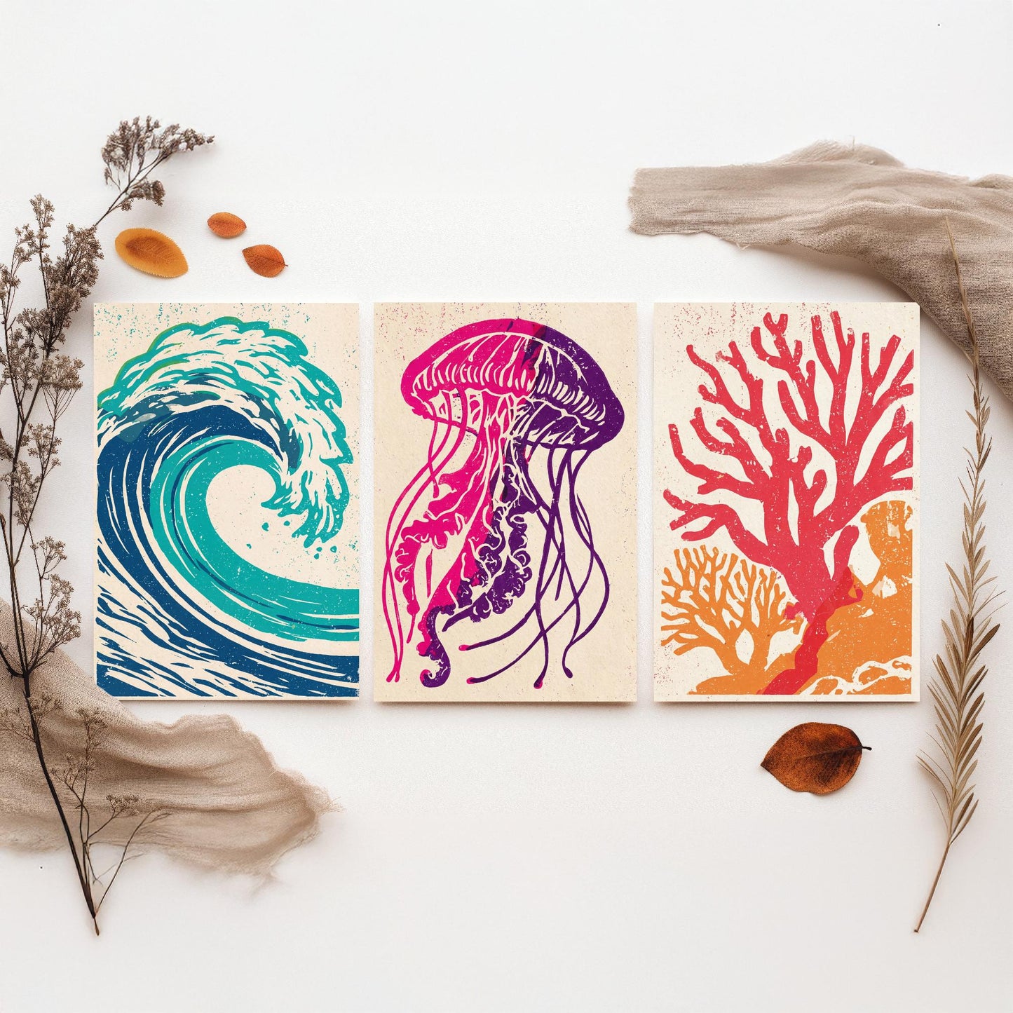 Ocean Wave Set of Three Art Prints - Curling Wave, Jellyfish, Coral - Bold Sea Life Linocut Posters - Coastal Illustration V1