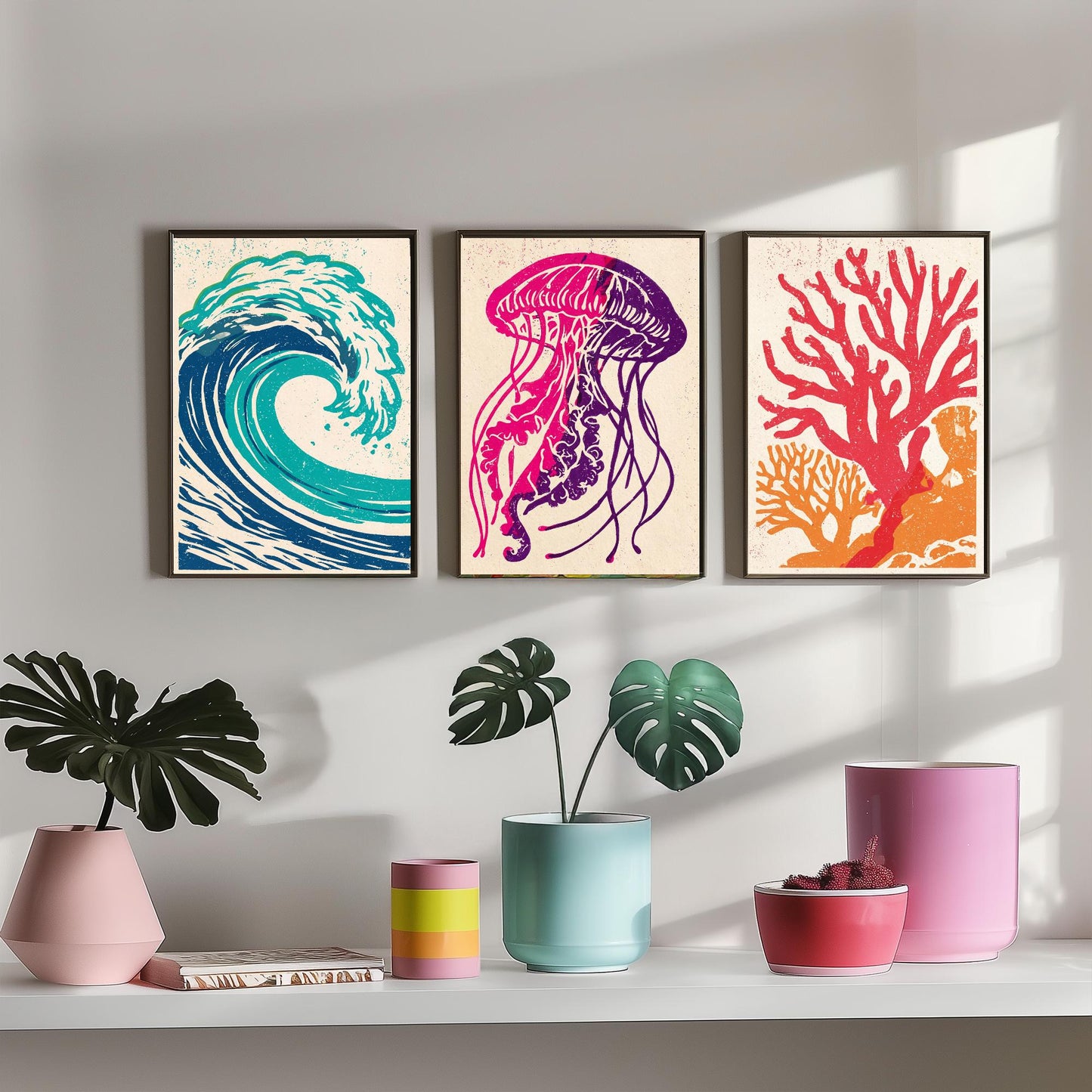 Ocean Wave Set of Three Art Prints - Curling Wave, Jellyfish, Coral - Bold Sea Life Linocut Posters - Coastal Illustration V1