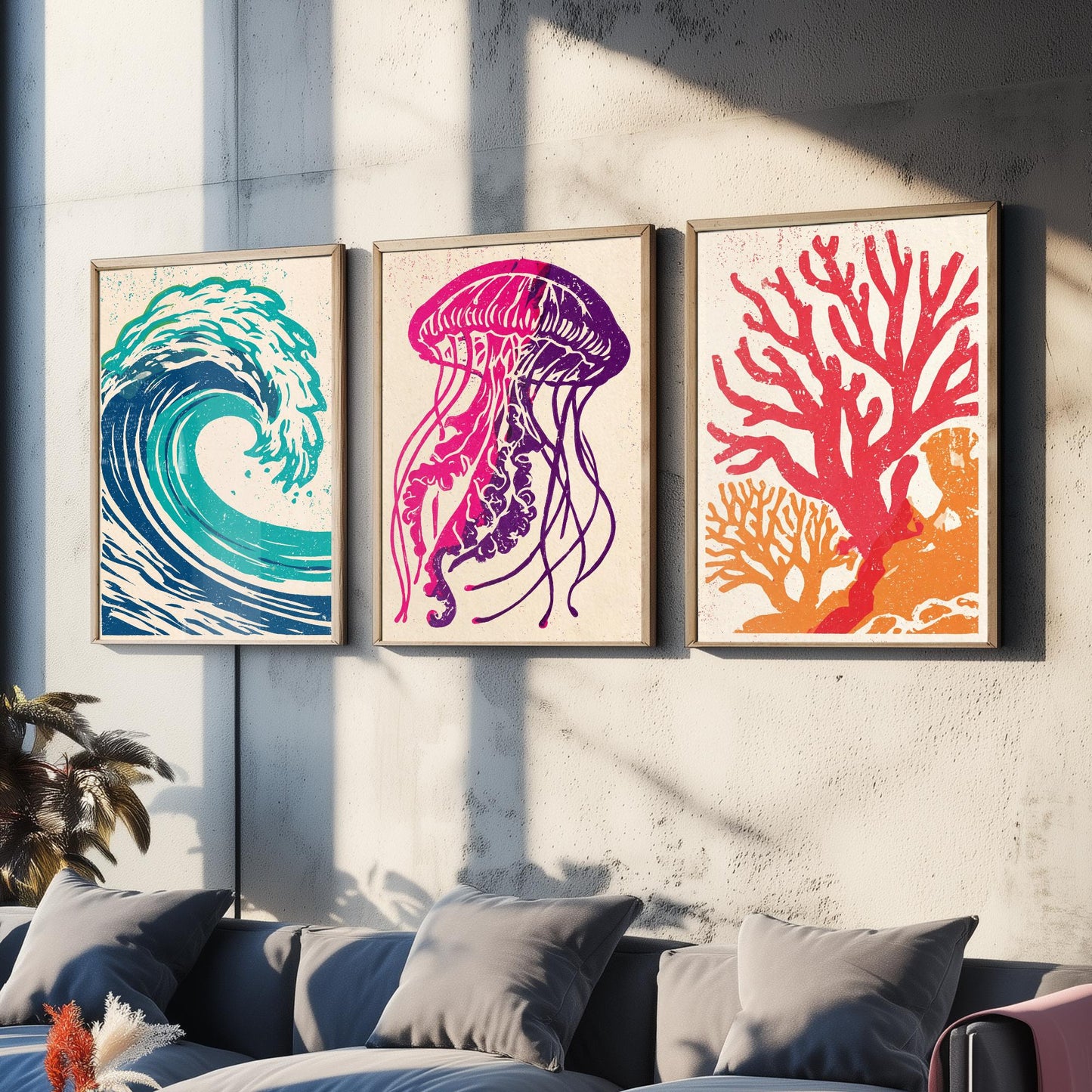 Ocean Wave Set of Three Art Prints - Curling Wave, Jellyfish, Coral - Bold Sea Life Linocut Posters - Coastal Illustration V1