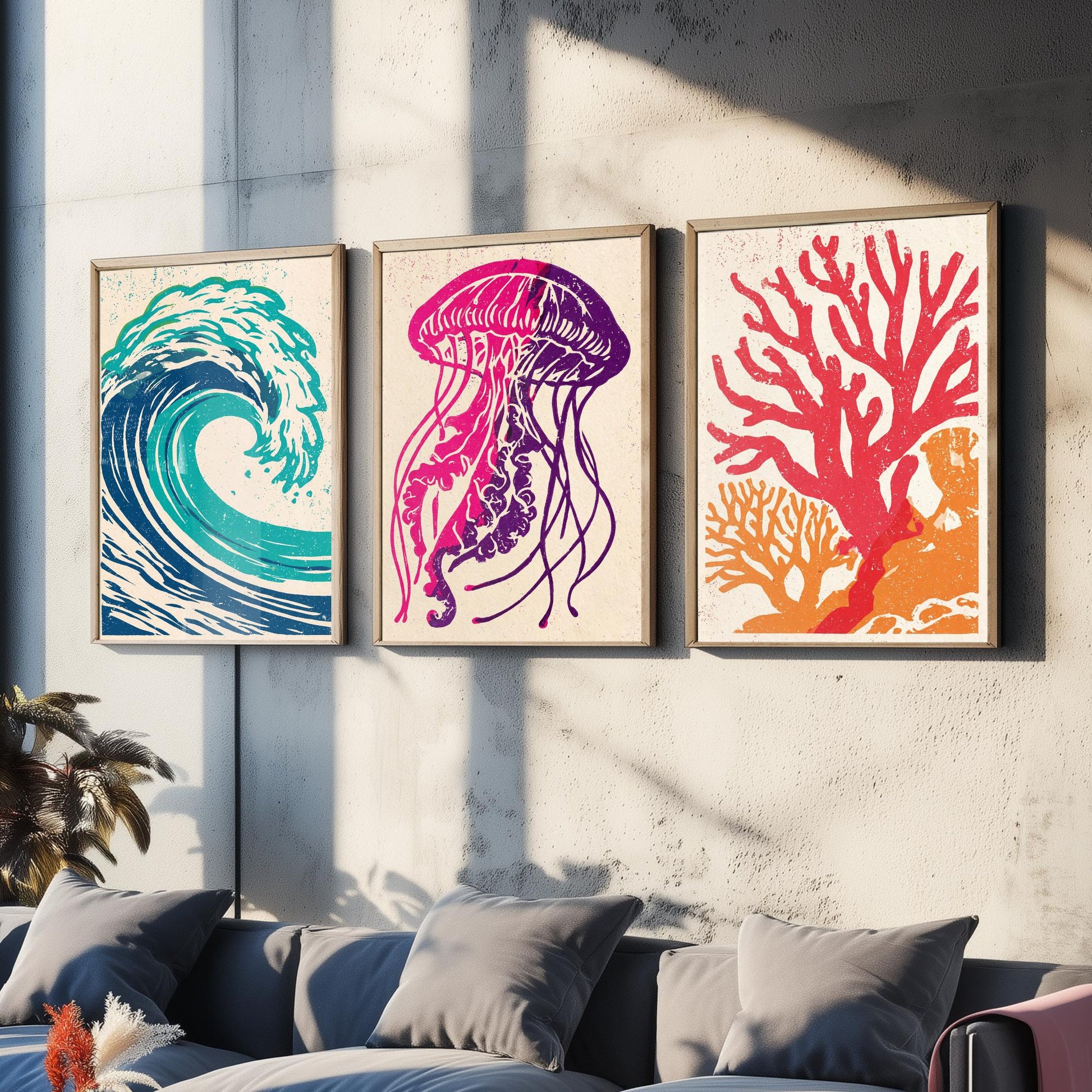 Ocean Wave Set of Three Art Prints - Curling Wave, Jellyfish, Coral - Bold Sea Life Linocut Posters - Coastal Illustration V1