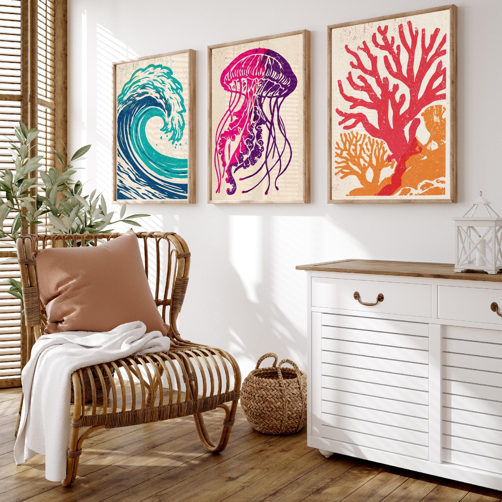 Ocean Wave Set of Three Art Prints - Curling Wave, Jellyfish, Coral - Bold Sea Life Linocut Posters - Coastal Illustration V1
