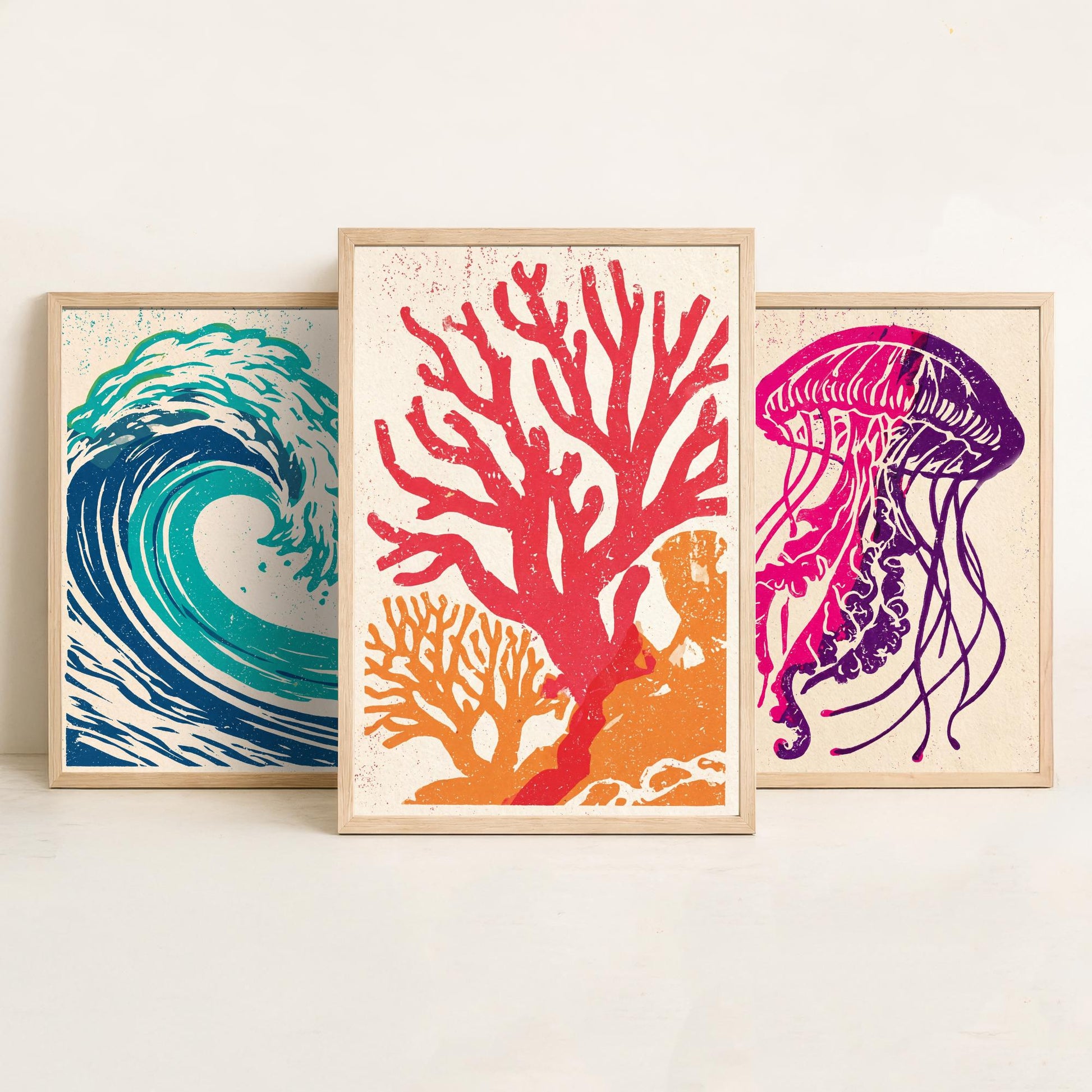Ocean Wave Set of Three Art Prints - Curling Wave, Jellyfish, Coral - Bold Sea Life Linocut Posters - Coastal Illustration V1
