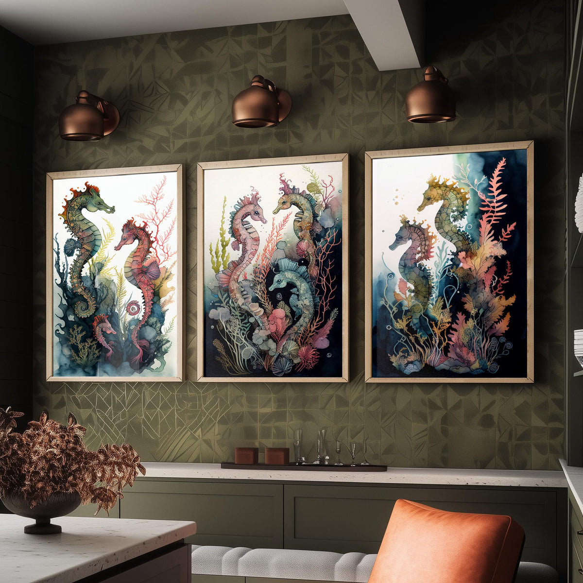Seahorse Family Set of Three Art Prints - Watercolour Seahorses and Coral - Ink Ocean Poster Painting