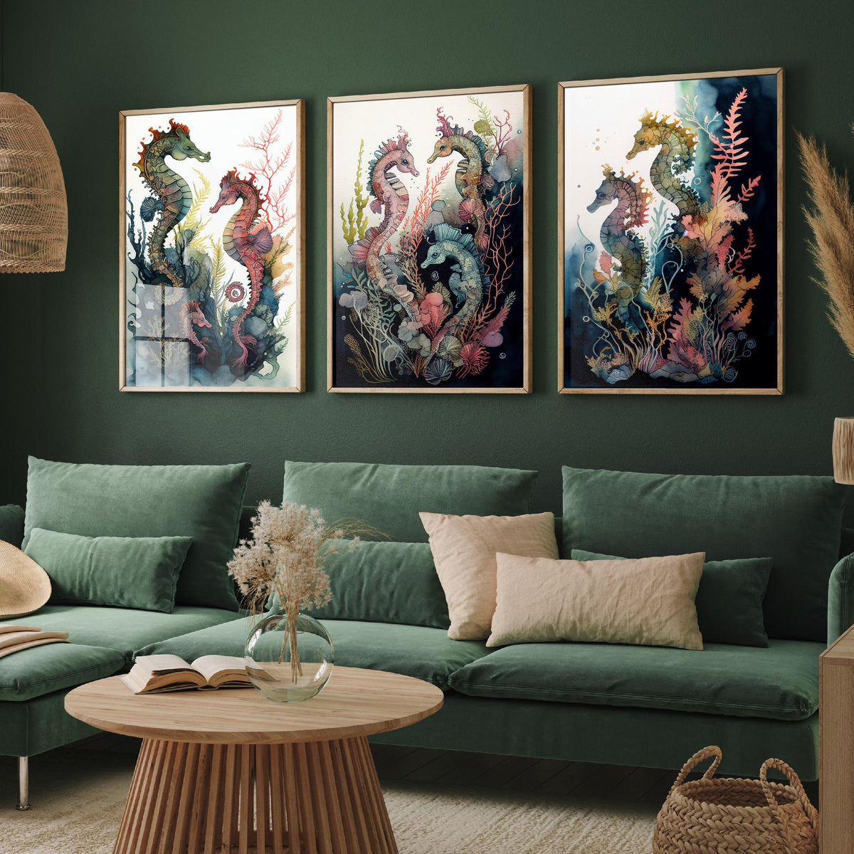 Seahorse Family Set of Three Art Prints - Watercolour Seahorses and Coral - Ink Ocean Poster Painting