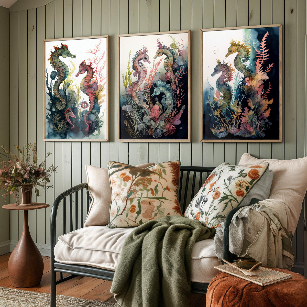 Seahorse Family Set of Three Art Prints - Watercolour Seahorses and Coral - Ink Ocean Poster Painting