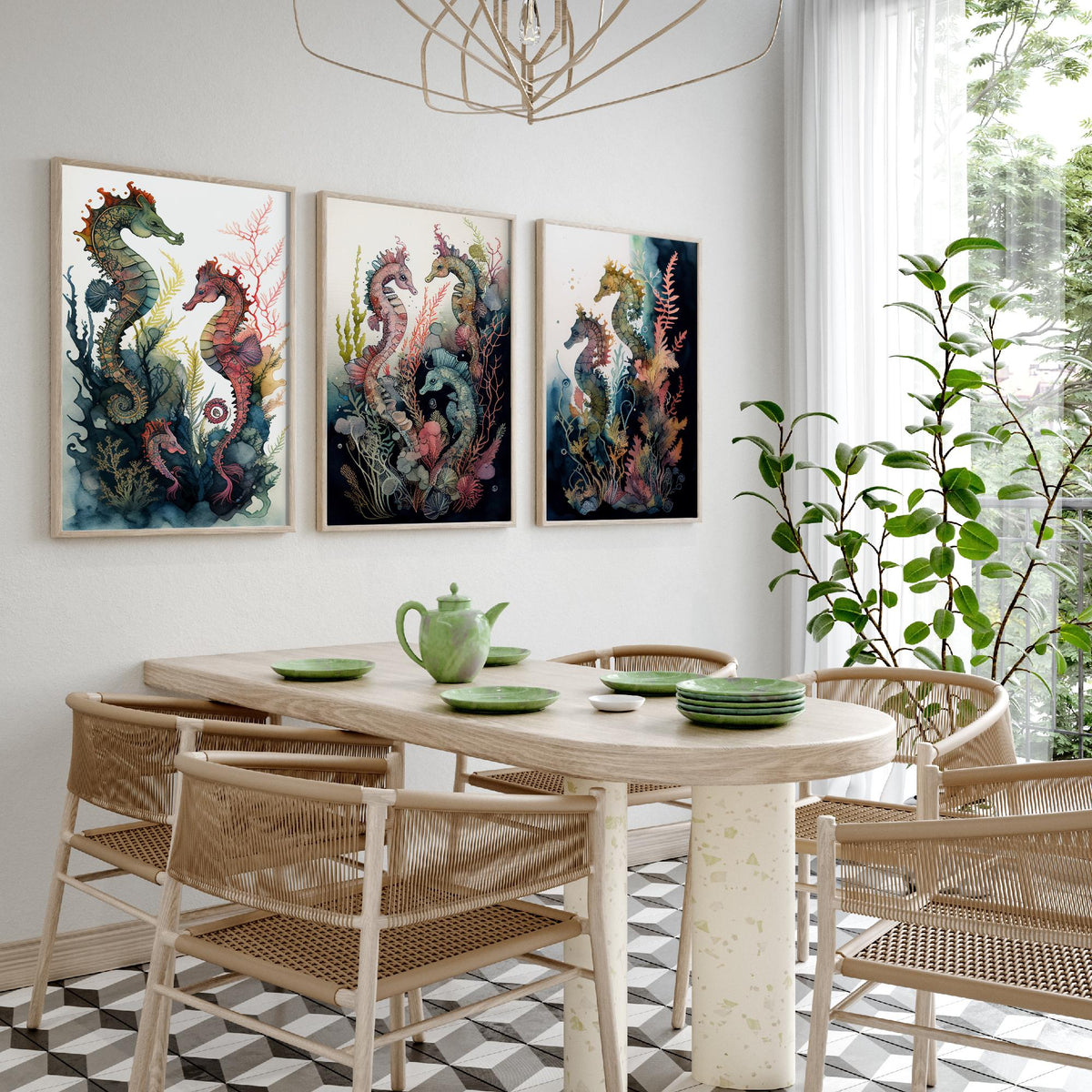 Seahorse Family Set of Three Art Prints - Watercolour Seahorses and Coral - Ink Ocean Poster Painting