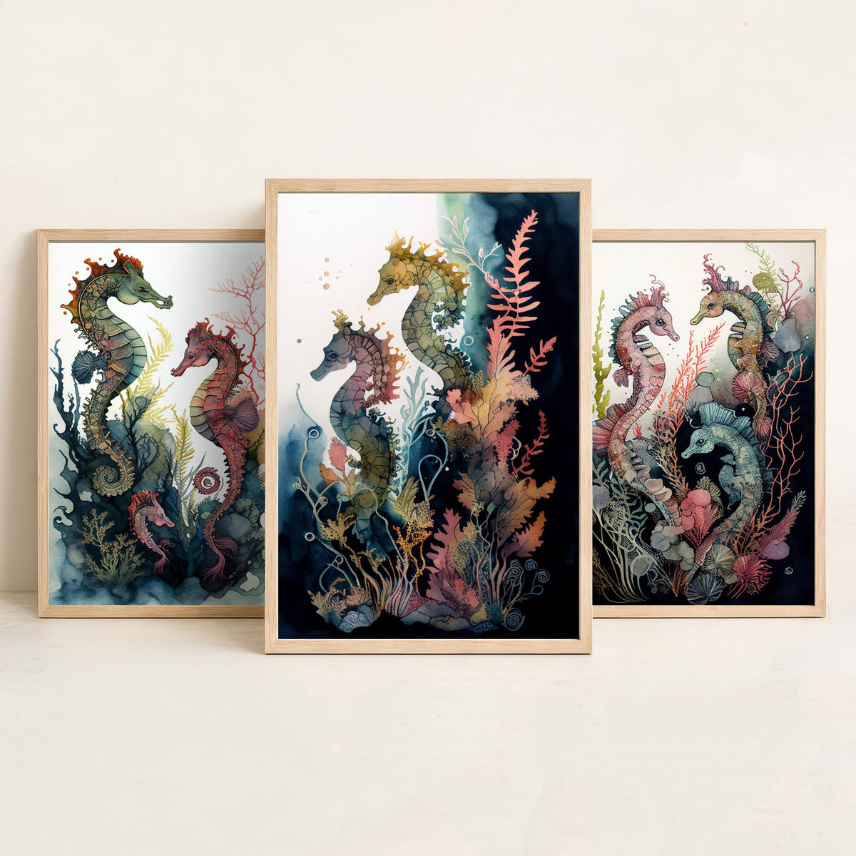 Seahorse Family Set of Three Art Prints - Watercolour Seahorses and Coral - Ink Ocean Poster Painting