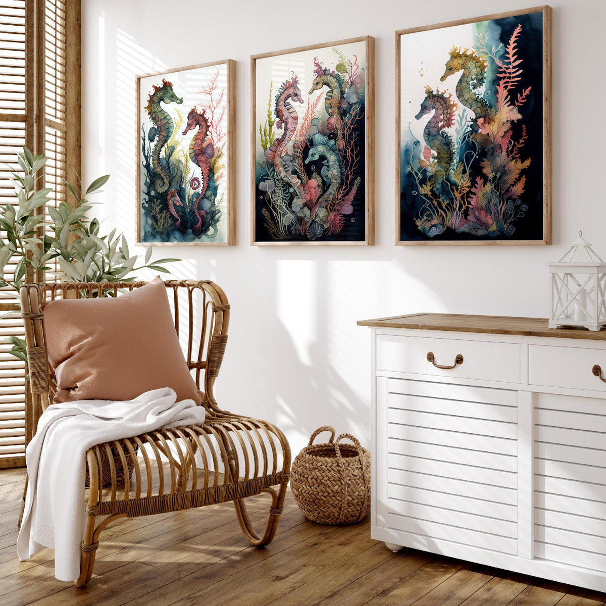 Seahorse Family Set of Three Art Prints - Watercolour Seahorses and Coral - Ink Ocean Poster Painting