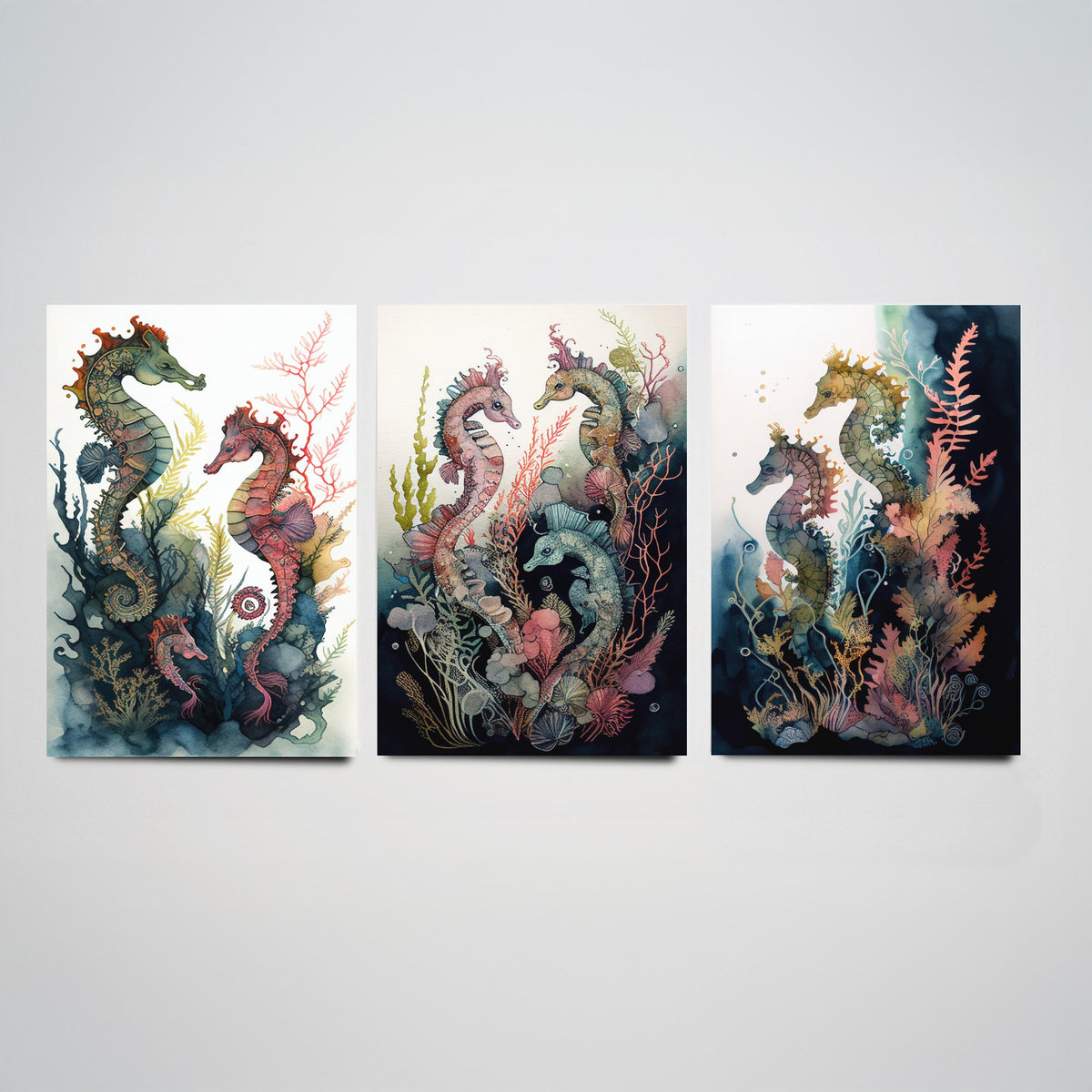 Seahorse Family Set of Three Art Prints - Watercolour Seahorses and Coral - Ink Ocean Poster Painting