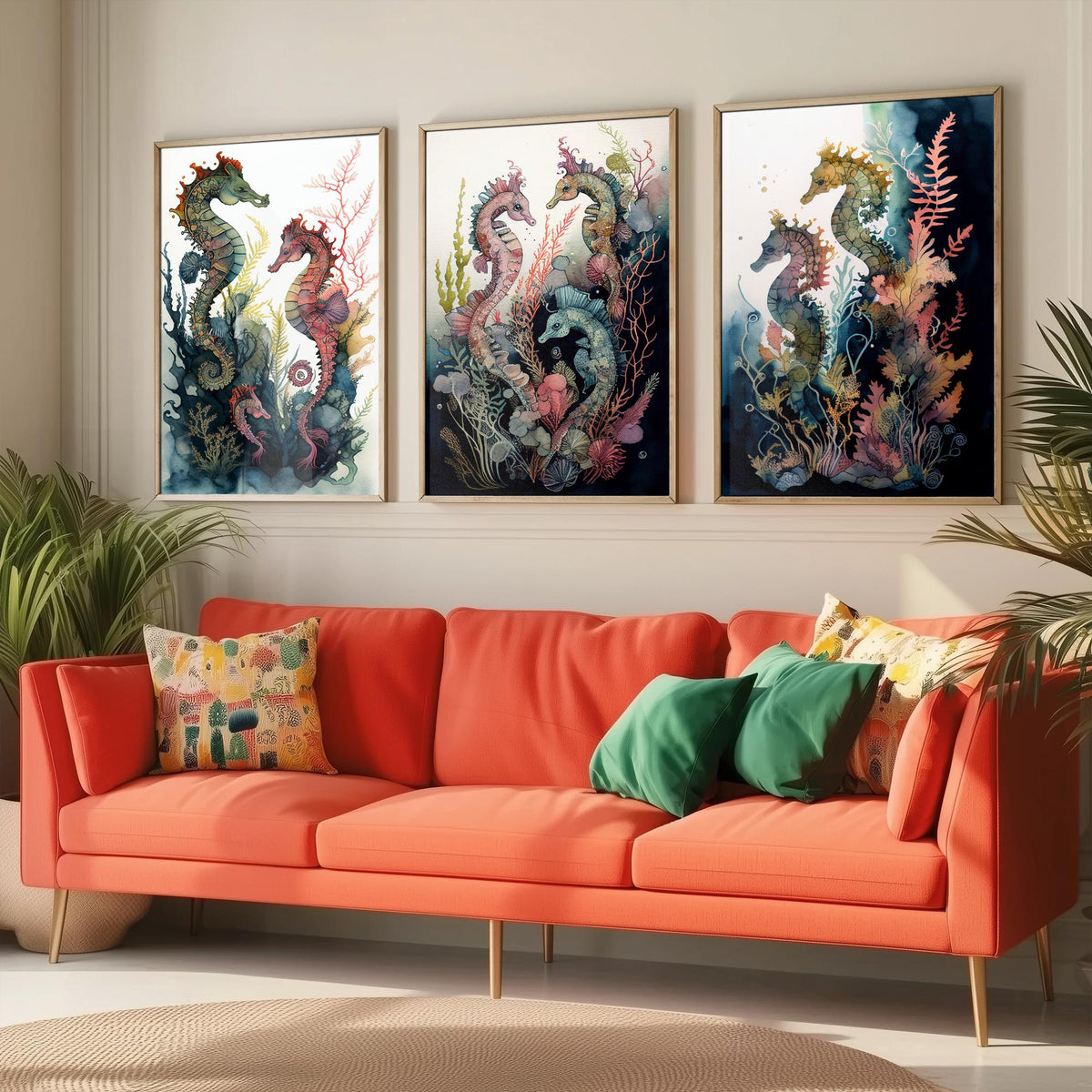 Seahorse Family Set of Three Art Prints - Watercolour Seahorses and Coral - Ink Ocean Poster Painting