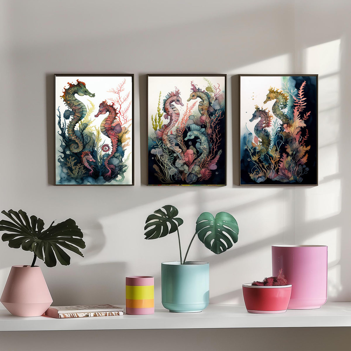 Seahorse Family Set of Three Art Prints - Watercolour Seahorses and Coral - Ink Ocean Poster Painting