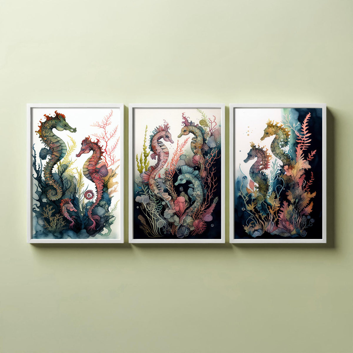 Seahorse Family Set of Three Art Prints - Watercolour Seahorses and Coral - Ink Ocean Poster Painting