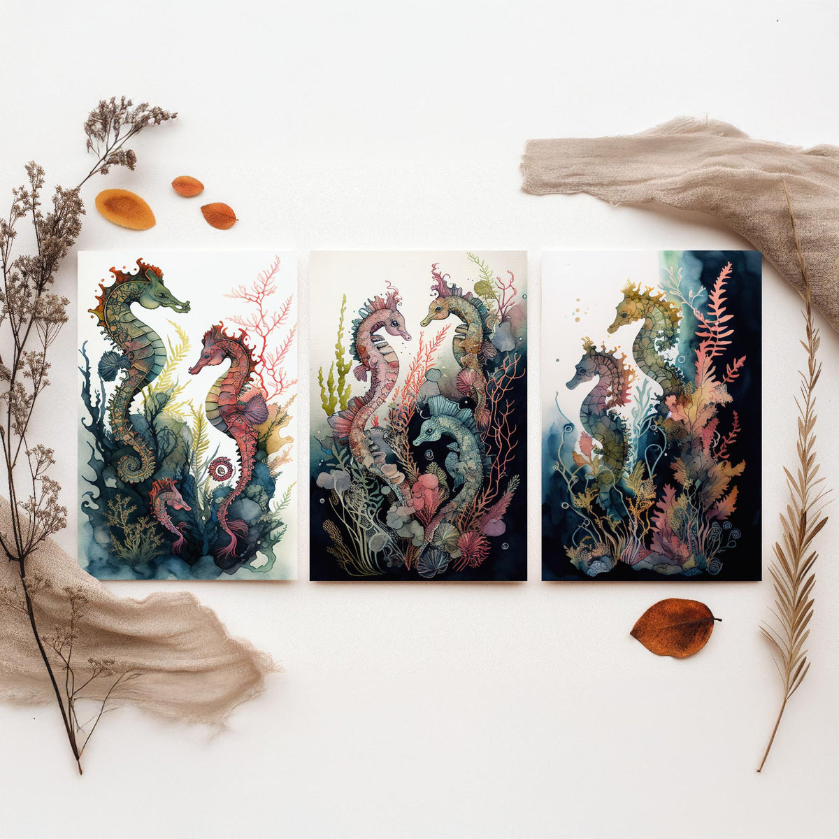 Seahorse Family Set of Three Art Prints - Watercolour Seahorses and Coral - Ink Ocean Poster Painting