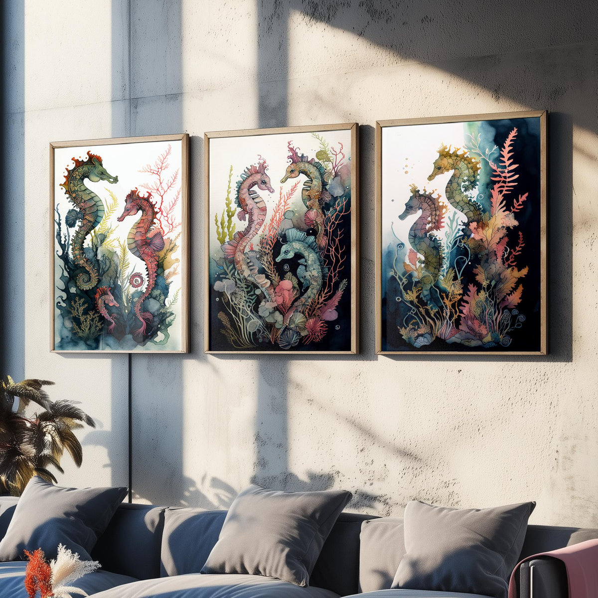 Seahorse Family Set of Three Art Prints - Watercolour Seahorses and Coral - Ink Ocean Poster Painting