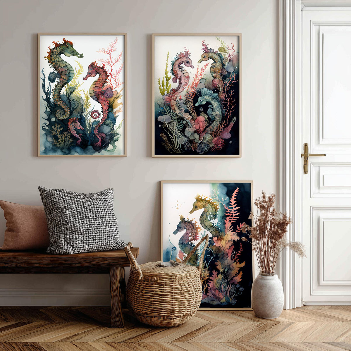 Seahorse Family Set of Three Art Prints - Watercolour Seahorses and Coral - Ink Ocean Poster Painting