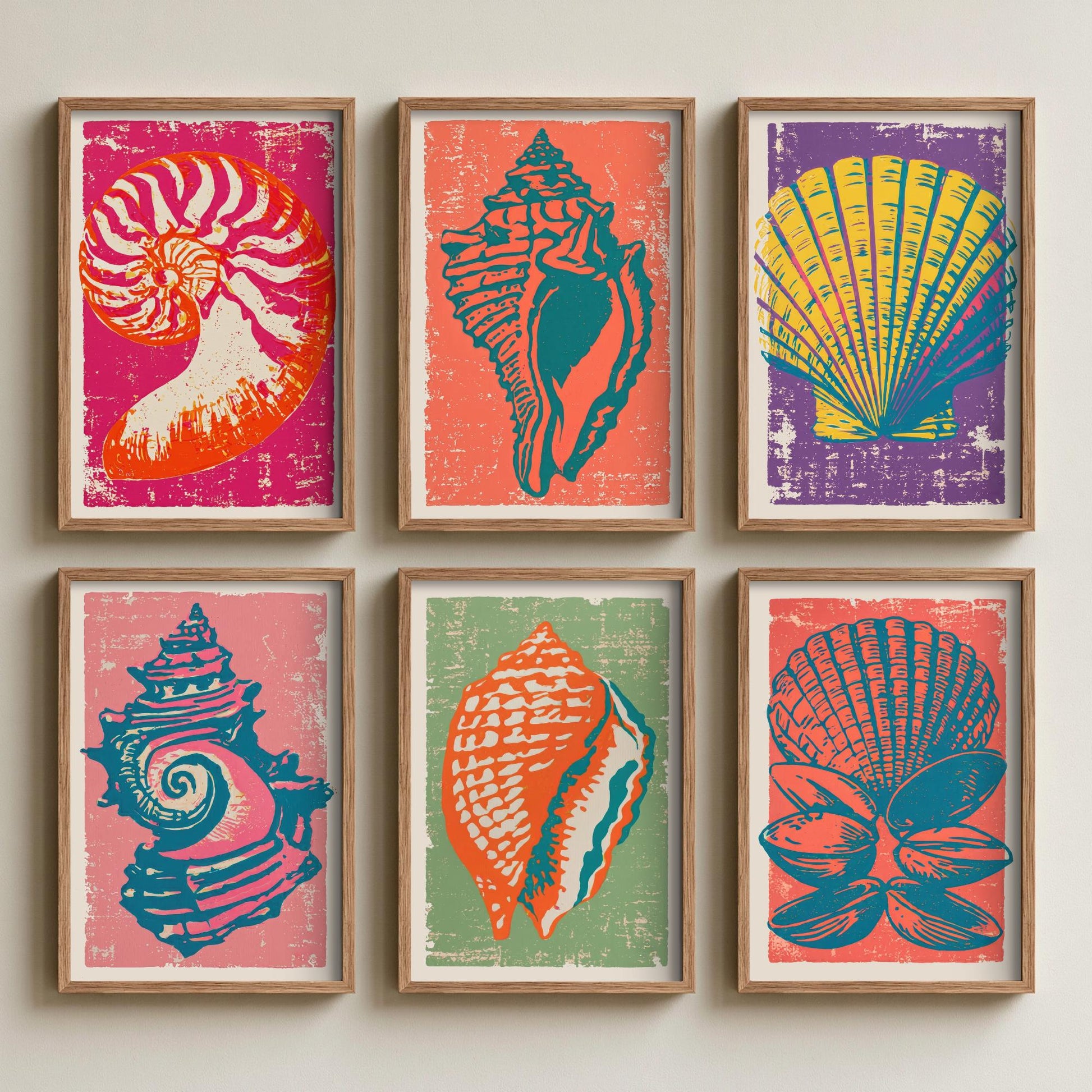 Set of Six Seashell Linocut Art Prints - 6 Coastal Illustrations - Poster - Nautilus, Conch, Scallop, Spiral Shell, Triton, Mussels
