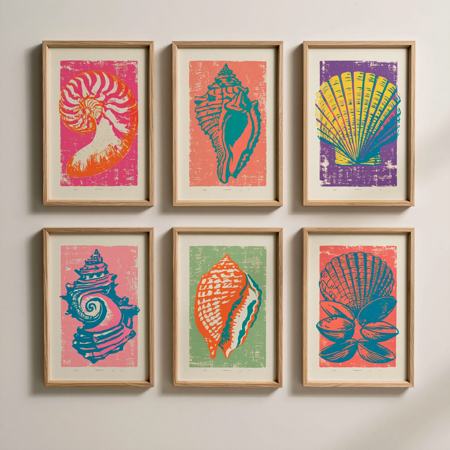 Set of Six Seashell Linocut Art Prints - 6 Coastal Illustrations - Poster - Nautilus, Conch, Scallop, Spiral Shell, Triton, Mussels