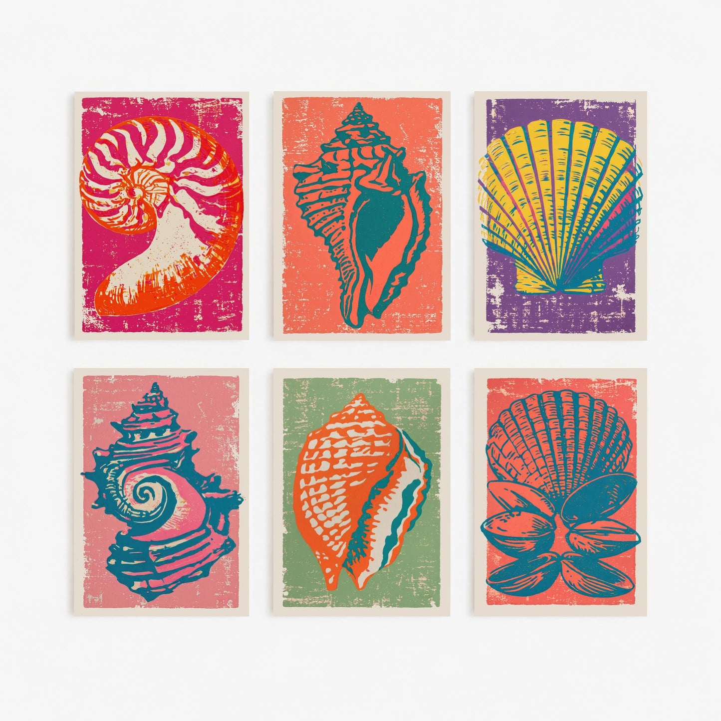 Set of Six Seashell Linocut Art Prints - 6 Coastal Illustrations - Poster - Nautilus, Conch, Scallop, Spiral Shell, Triton, Mussels