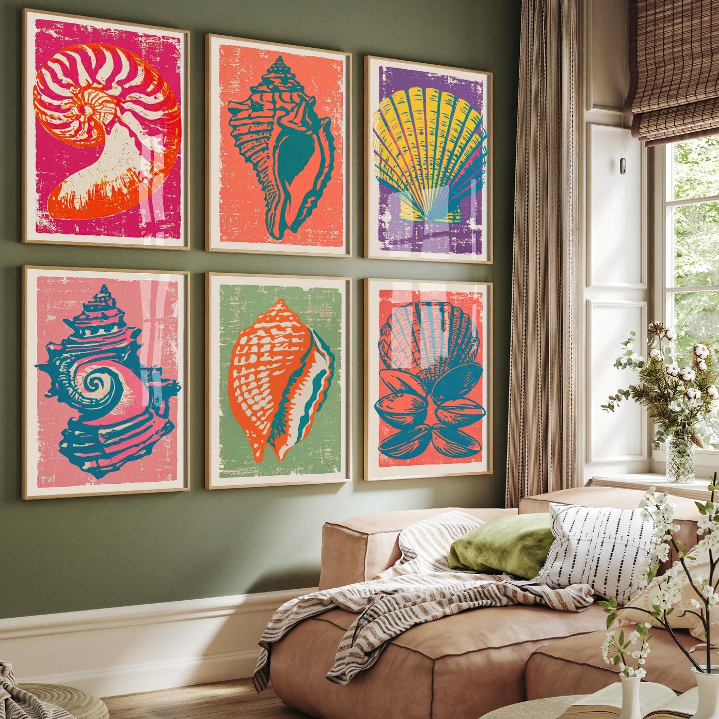 Set of Six Seashell Linocut Art Prints - 6 Coastal Illustrations - Poster - Nautilus, Conch, Scallop, Spiral Shell, Triton, Mussels