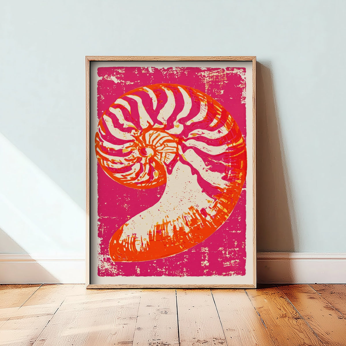 Nautilus Shell Linocut Art Print - Hot Pink Orange Seashell Illustration - Bold Coastal Poster V1 1/3