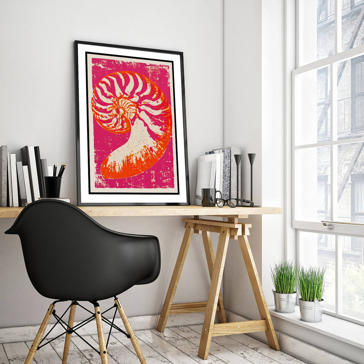 Nautilus Shell Linocut Art Print - Hot Pink Orange Seashell Illustration - Bold Coastal Poster V1 1/3